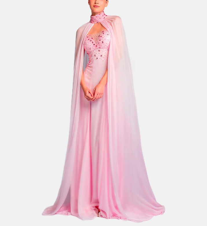 Michael Cinco Beads-embroidery Flared Dress, Pink, M, Model View