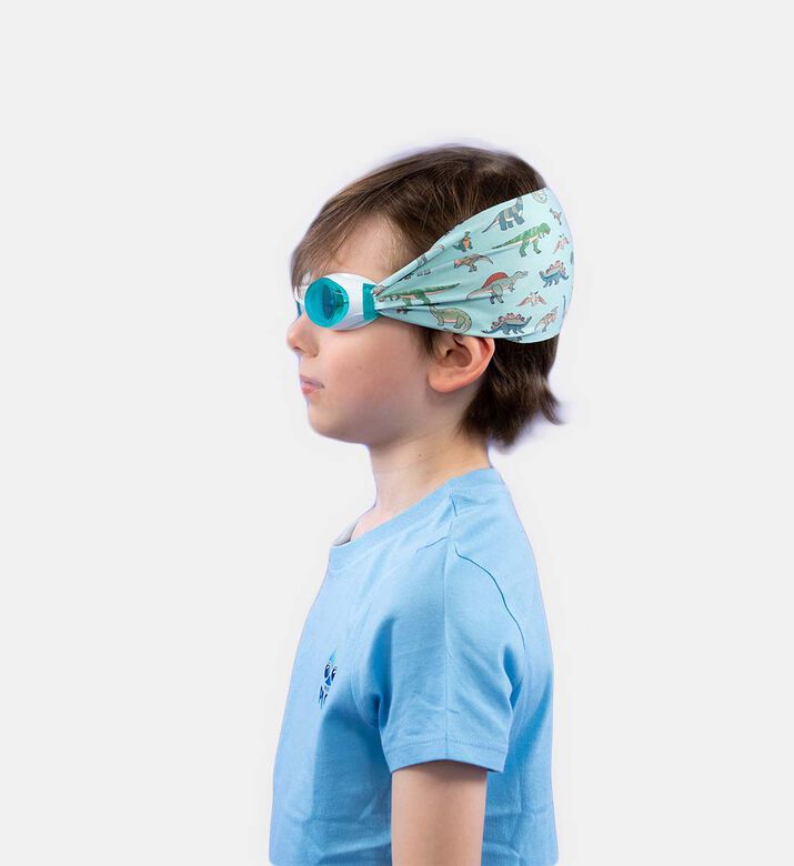 نظارة سباحة بيضاء للأطفال بشريط فائق النعومة مزينة بديناصورات خضراء
