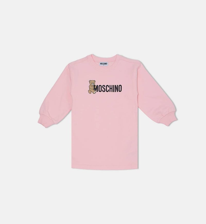 Teddy Bear-print Logo-print Ribbed Cuffs Long-sleeve Dress