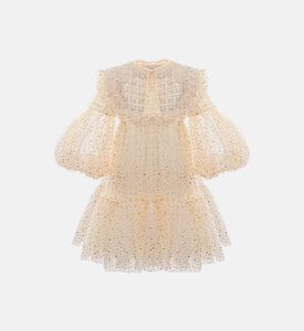 فستان ذهبي تول مخيط يدويًا ومطرز بخرز