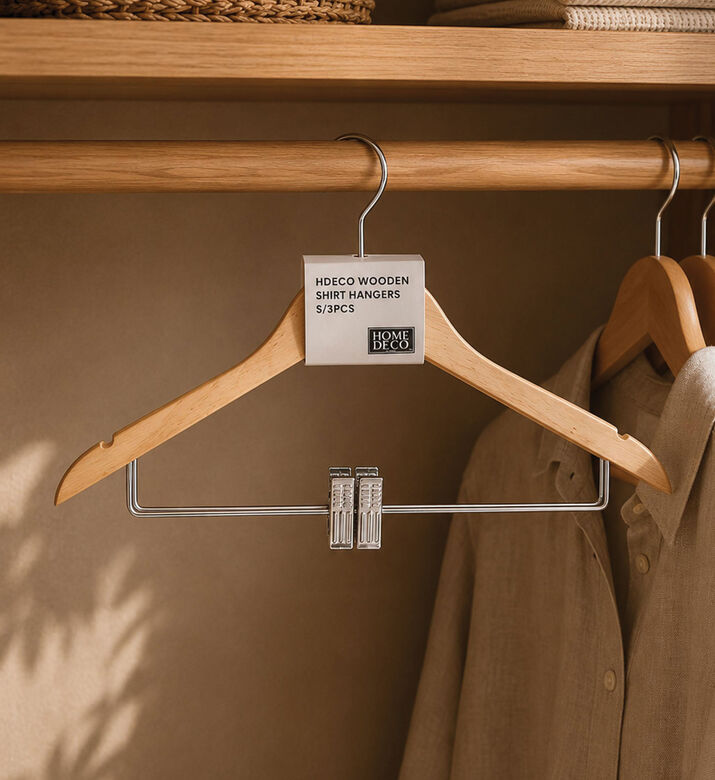 Home Deco and More Wooden Shirt Hangers Metal Clip 3-piece Set, Packshot View
