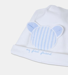 My First Collection Embroidered Bear Baby Hat, White, Packshot View