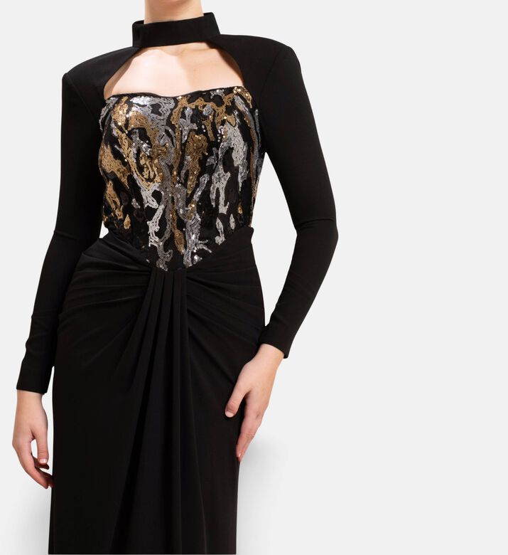 Michael Cinco Draped Bodice Cutout Long Evening Gown, Model View