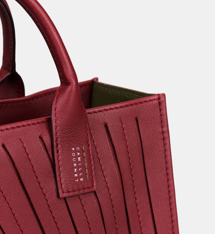 Camille Fournet Signature Calf Leather Pleated Midi Tote Bag, Burgundy, Packshot View Camille Fournet Signature Calf Leather Pleated Midi Tote Bag, Burgundy, Packshot View