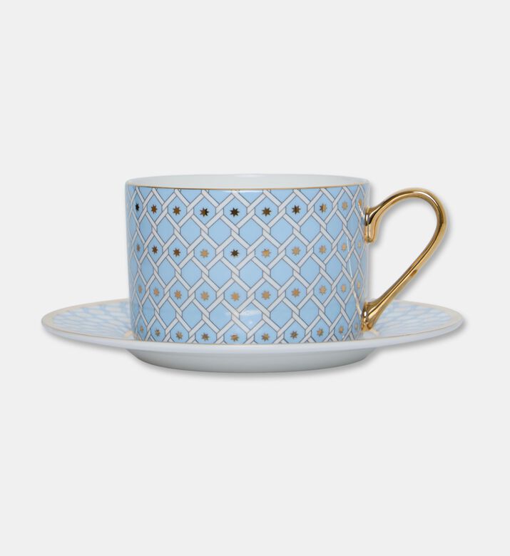 Imperial Gold Handle Blue Lattice Cylindrical Saucer Mug, Packshot View