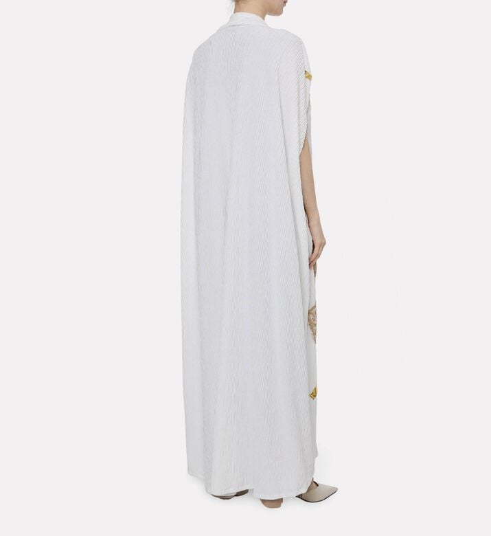 Dalia Al Azem Floral-embroidered Gold-foil Striped Open-front Abaya, Model View