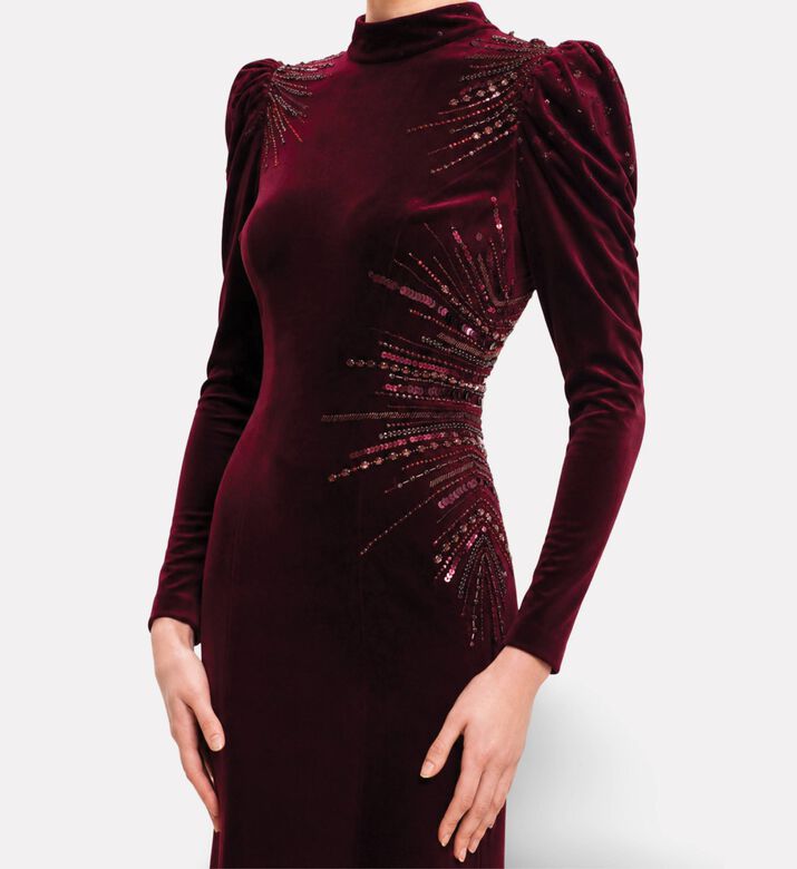Michael Cinco Velvet Embellished High-neck Evening Dress, Model View