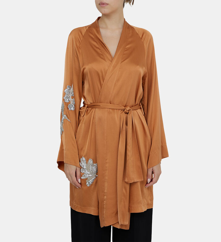 Embroidered Silk Satin Kimono