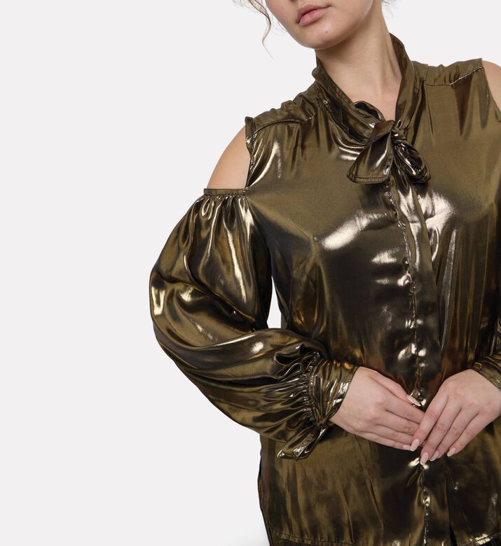 Blue For Burgundy Metallic Self-tie Ribbons Top, Gold, 40, Model View