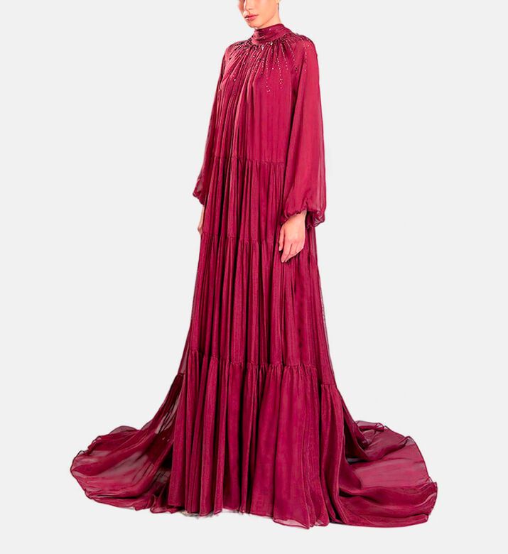 Michael Cinco Long-sleeve High Neck Flared Dress, Burgundy, Model View