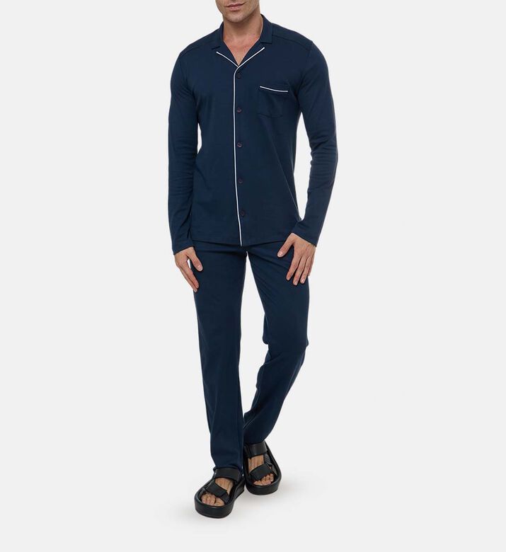 Contrast Piping Long Pajama Set