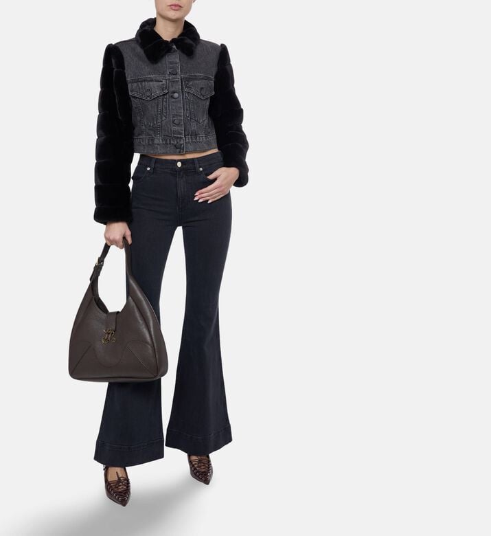 Alice and Olivia Faux Fur Long-sleeve Denim Jacket, Model View