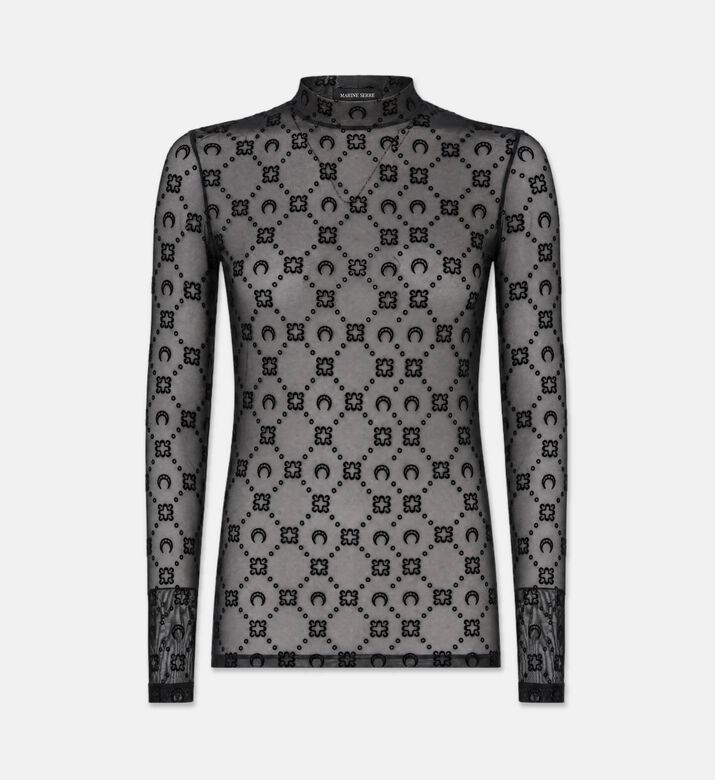 Marine Serre Monogram Mesh Flock High Neck Top, Black, S, Packshot View