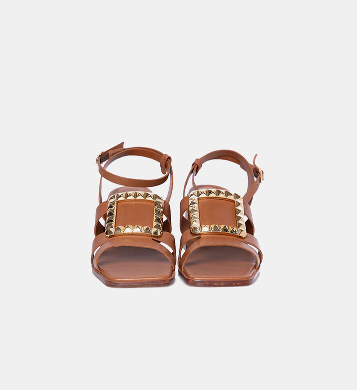 Metal Square Block-heel Leather Sandals