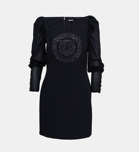 Rhinestone Logo Puffed Sleeve Mini Dress