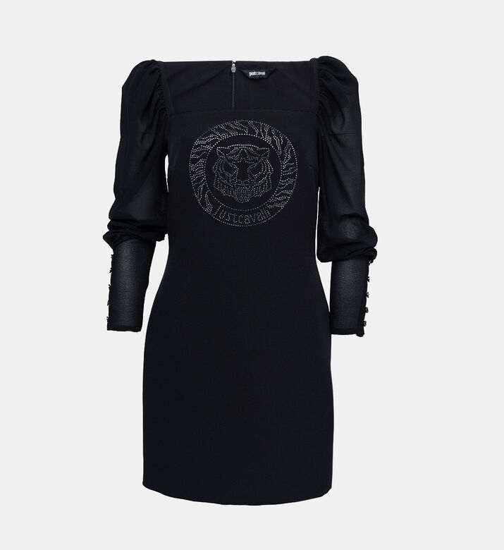 Rhinestone Logo Puffed Sleeve Mini Dress