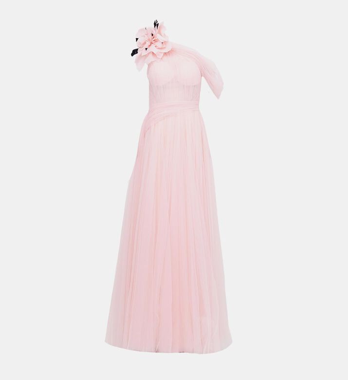 One Shoulder Flower-detailed Tulle Dress