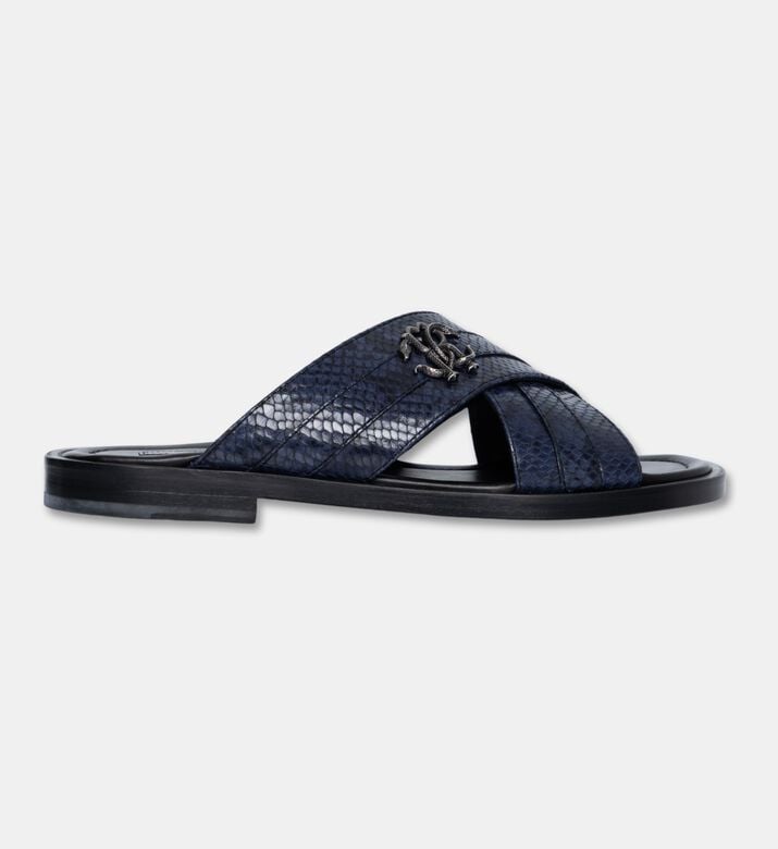Roberto Cavalli Leather Snake-print Slippers, Navy, Eu-44, Packshot View