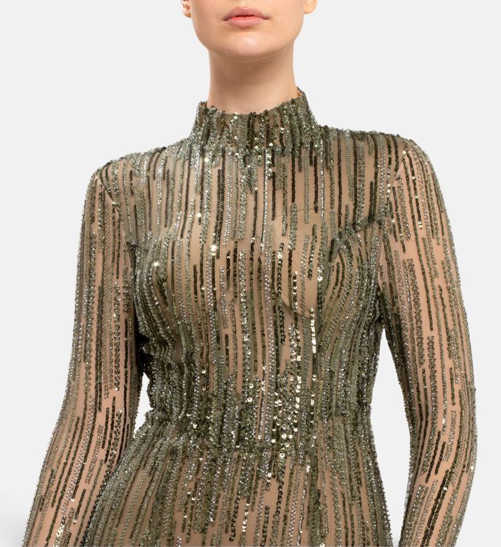 Michael Cinco Beads Embroidered Long-sleeve Gown, Model View