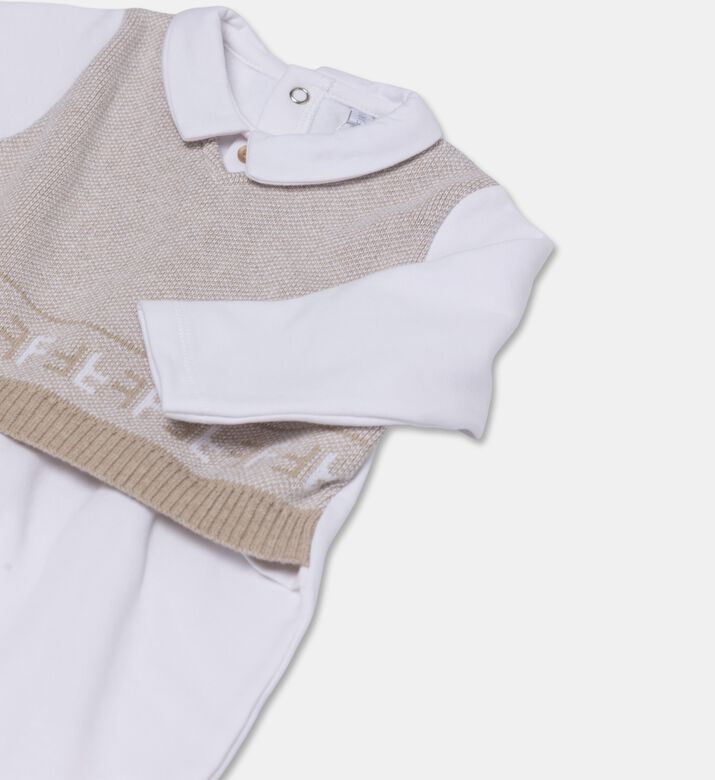 My First Collection Signature Knitted Panel Baby Romper, Beige, 3m, Packshot View