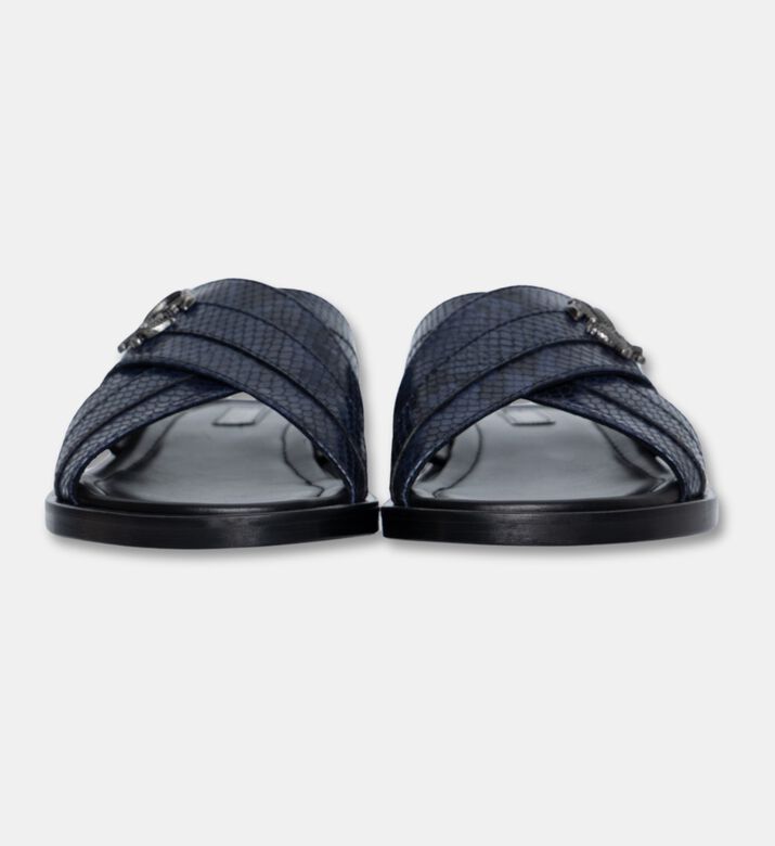 Roberto Cavalli Leather Snake-print Slippers, Navy, Eu-44, Packshot View