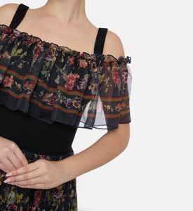 Blue For Burgundy Floral-print Ruffled A-line Dress, Model View