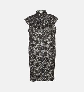 فستان قصير بياقة عالية مكشكشة دانتيل مزين بأزهار مملوك مسبقًا