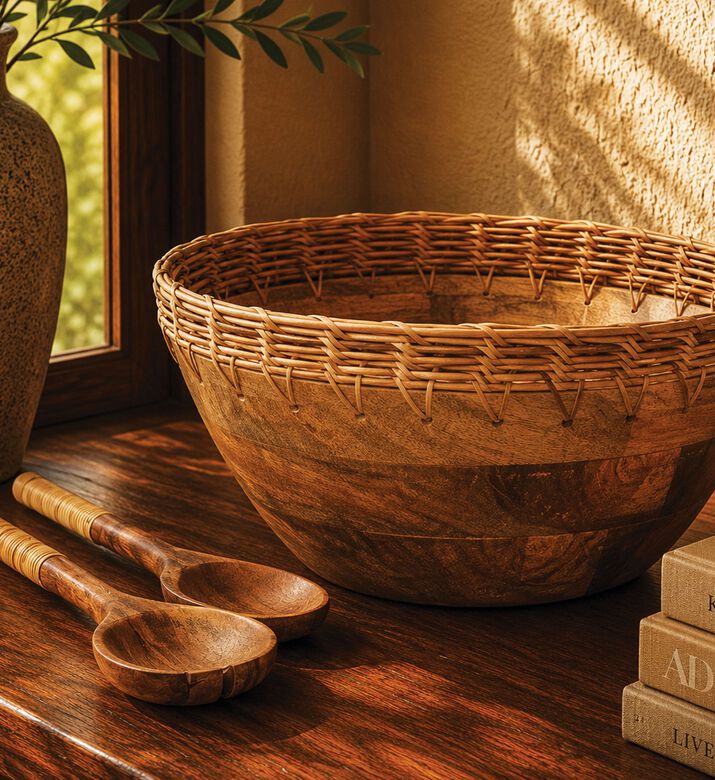 Home Deco and More Cane-woven 3-piece Border Leaf-print Bowl Set, Packshot View