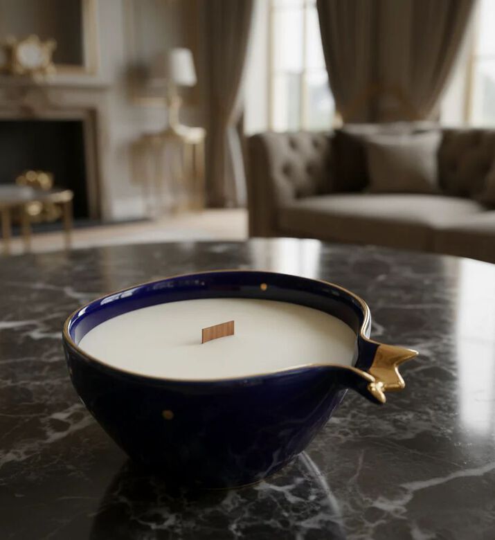 Tohfa Luxe Half Pomegranate Soy 22k Gold Plating Candle, Blue, 300-ml, Packshot View