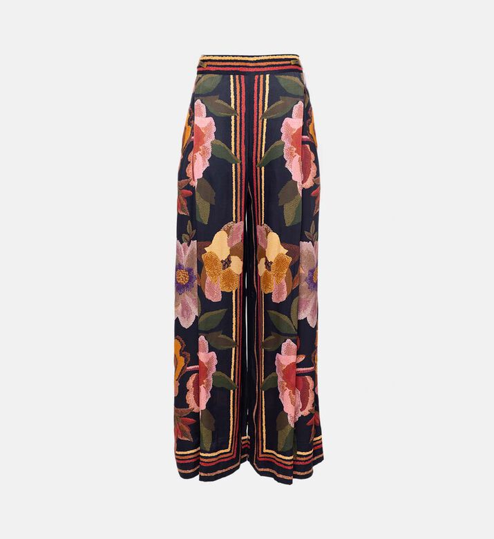 Farm Rio Floral Embroidered Striped Wide-leg Trousers, Packshot View Farm Rio Floral Embroidered Striped Wide-leg Trousers, Packshot View