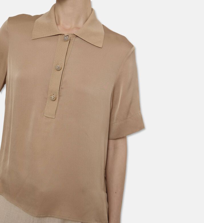 Edward Achour Paris Knitted Short-sleeve Polo Top, Beige, 42, Model View