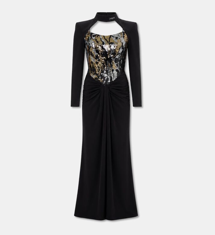 Michael Cinco Draped Bodice Cutout Long Evening Gown, Packshot View
