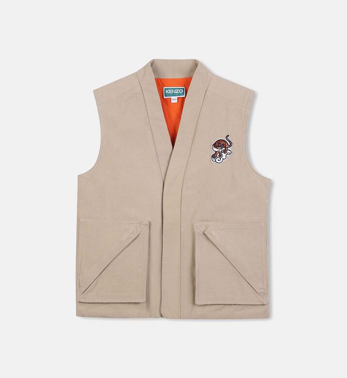 Canvas Tiger-embroidery Sleeveless Jacket