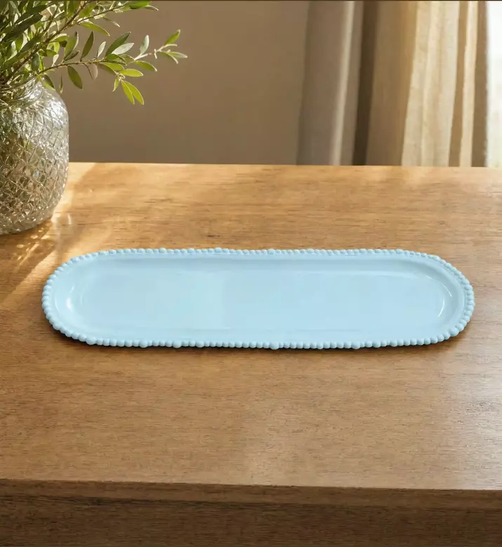 Baci Milano Pearl Embellished Oval Serving Plate, Cyan, 44.5x13.5-cm, Model View