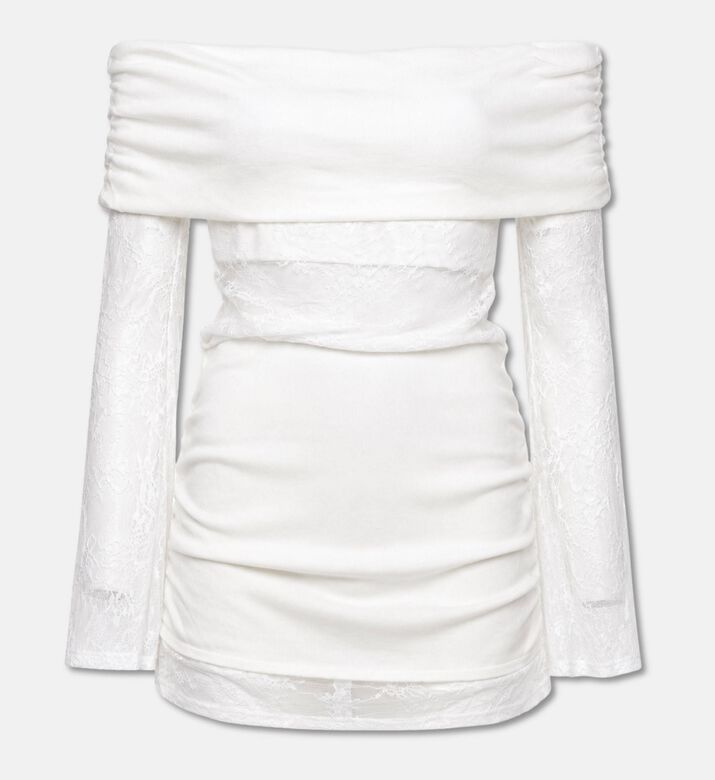 JW PEI Off-shoulder Ruched Lace-sleeve Mini Dress, Packshot View