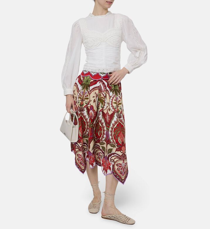 Farm Rio Odara Contrasting Scallops Midi Skirt, Model View