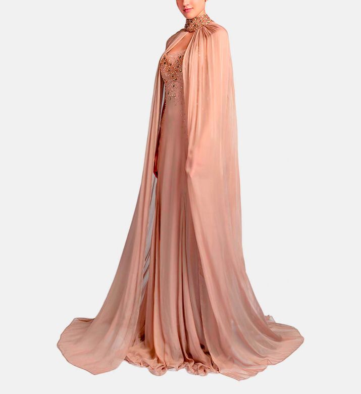 Michael Cinco Beads-embroidery Flared Dress, Light-taupe, S, Model View