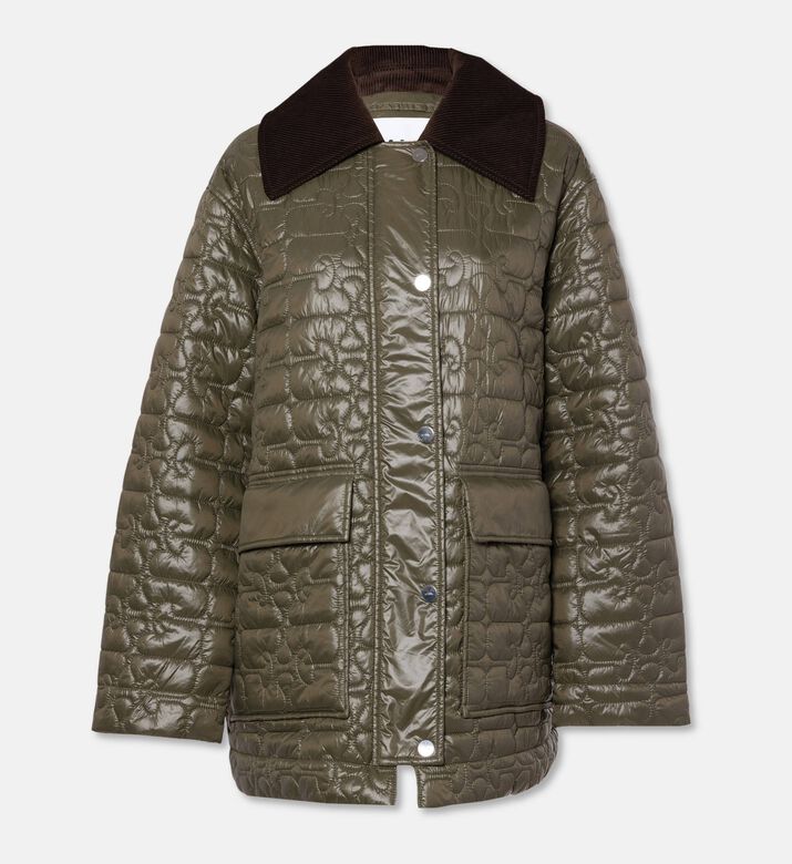 Ganni Contrast Collar Floral-quilted Jacket, Olive, L-xl, Packshot View