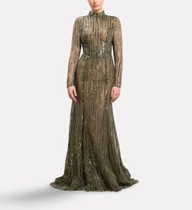 Michael Cinco Beads Embroidered Long-sleeve Gown, Model View