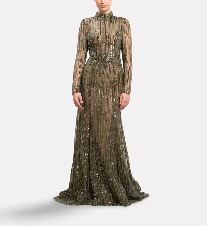 Michael Cinco Beads Embroidered Long-sleeve Gown, Model View
