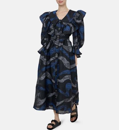 Frill Printed Flared Midi Dress