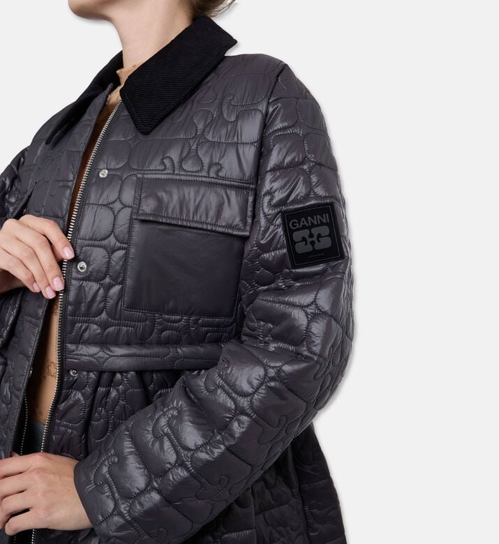 Ganni Shiny Quilted Long-sleeve Midi Jacket, Model View