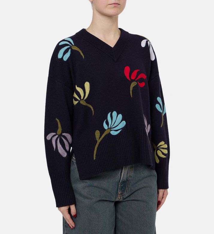 Beatrice B Knit Floral-embroidery V-neck Sweater, Model View