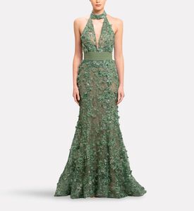 Michael Cinco Embellished Deep Neckline Long Dress, Model View