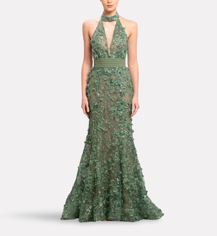 Michael Cinco Embellished Deep Neckline Long Dress, Model View