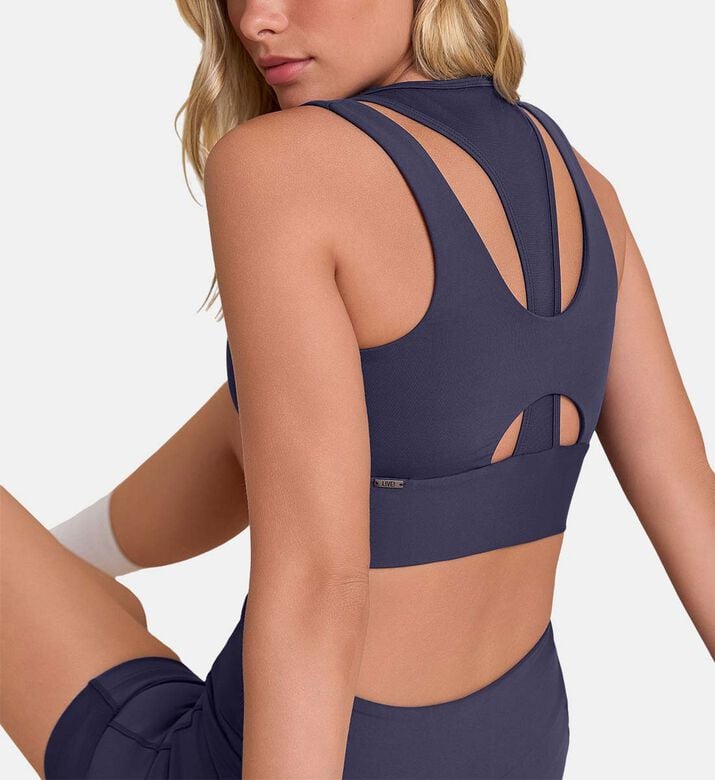 LIVE! Wide Straps Cropped Bra, Blue, M, Model View LIVE! Wide Straps Cropped Bra, Blue, M, Model View