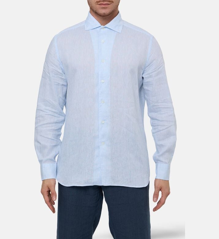 Corneliani Solid Pure Linen Shirt, Blue, 42, Model View