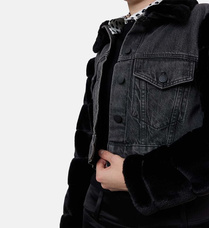 Alice and Olivia Faux Fur Long-sleeve Denim Jacket, Model View