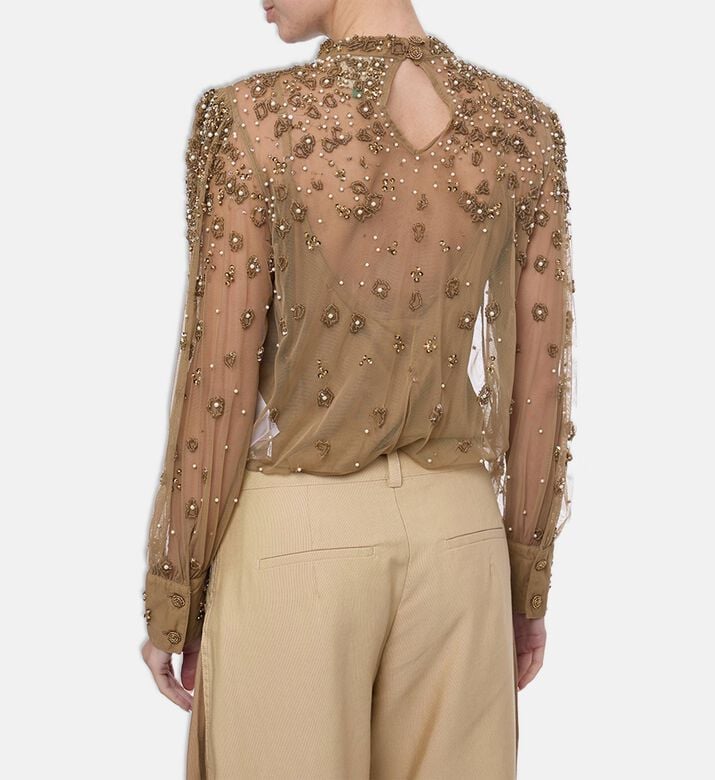 Farm Rio Pearl-embroidery Long-sleeve Blouse, Model View