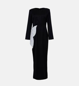 Savanna Leaf-appliqu&eacute; High-slit Dress, Black, L, Packshot View